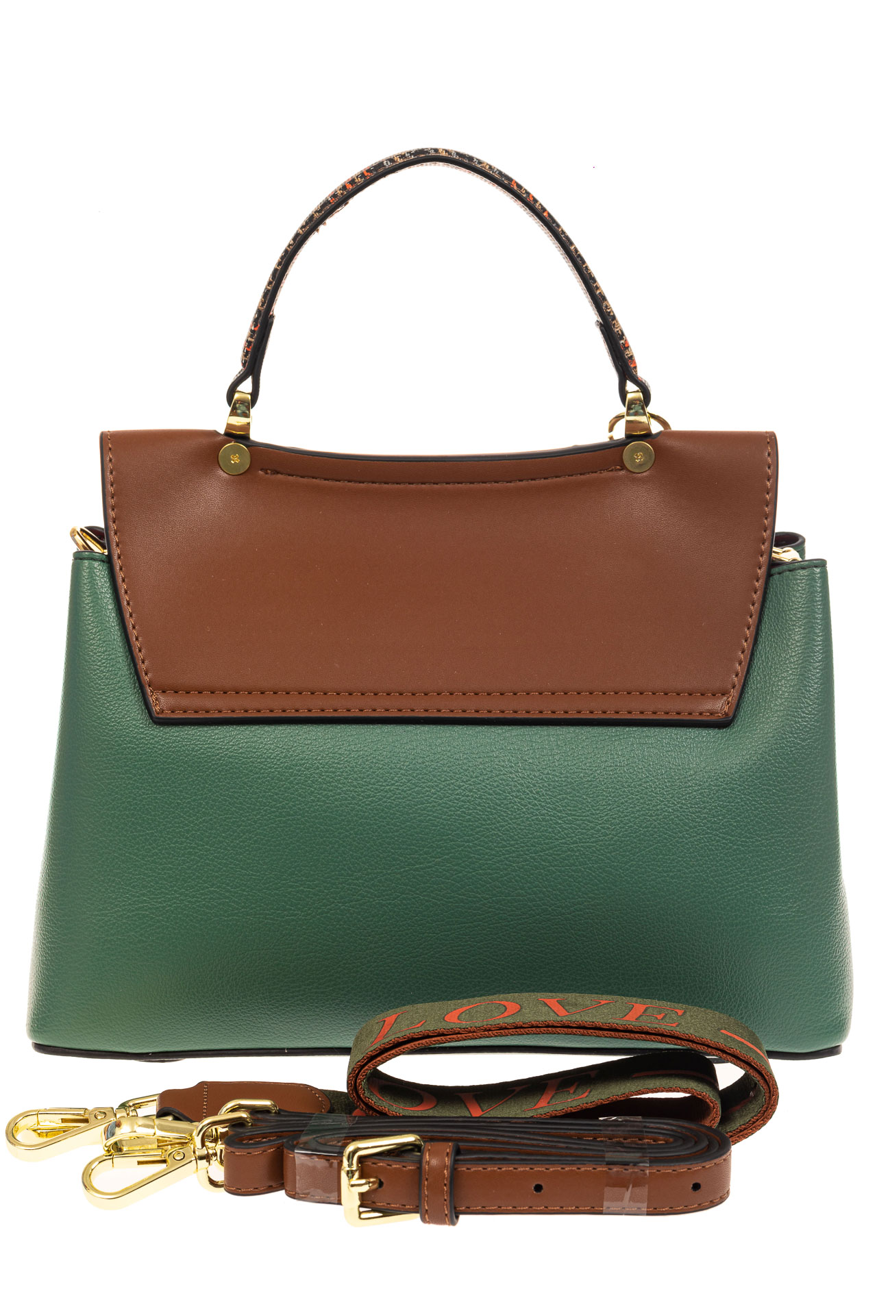На фото 3 - Классическая сумка-трапеция из кожзама, цвет зеленый с коричневым