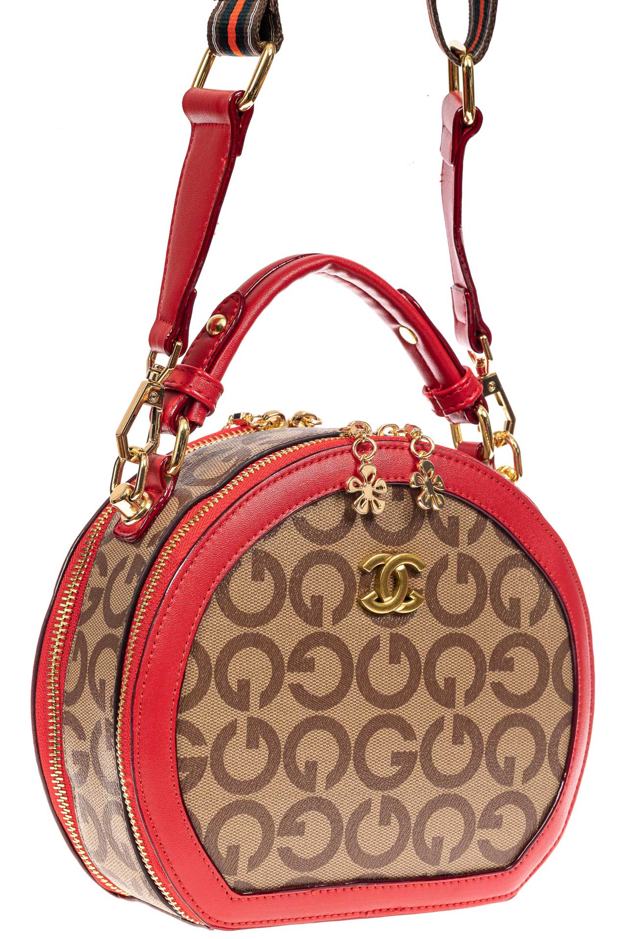 На фото 1 - Женская круглая сумка из эко-кожи, цвет красный