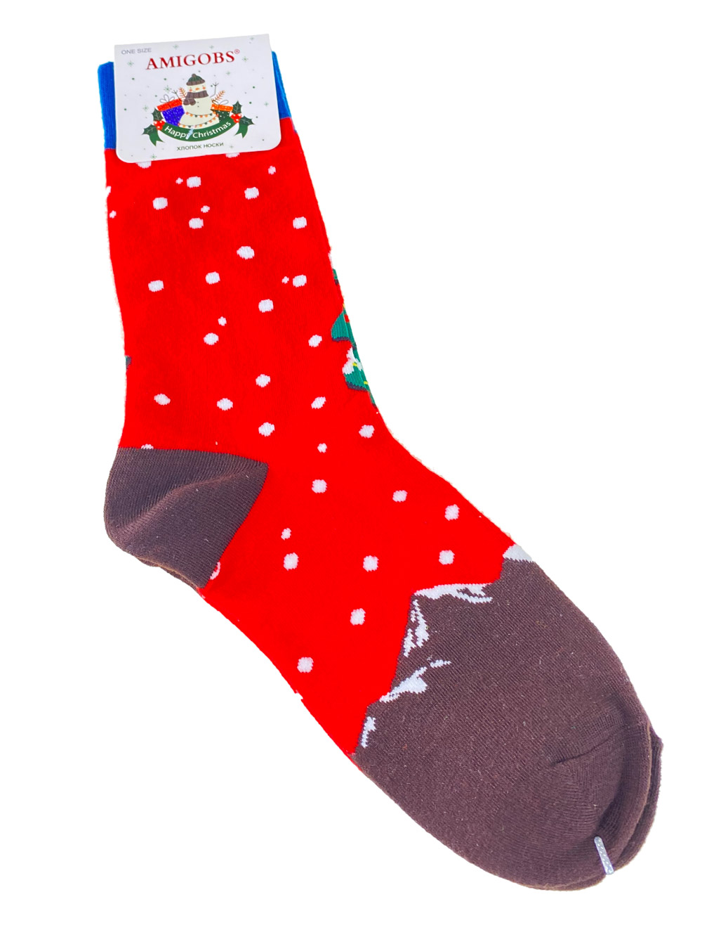 На фото 1 - Хлопковые молодёжные носки с новогодним принтом, цвет красный