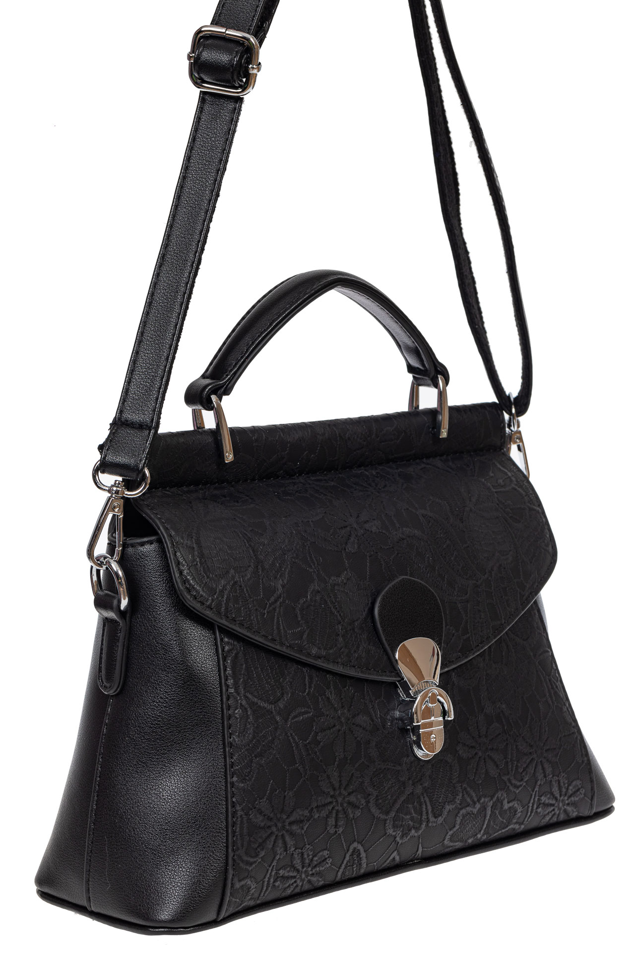 На фото 1 - Женская сумка из экокожи с ажурным цветочным принтом, цвет чёрный