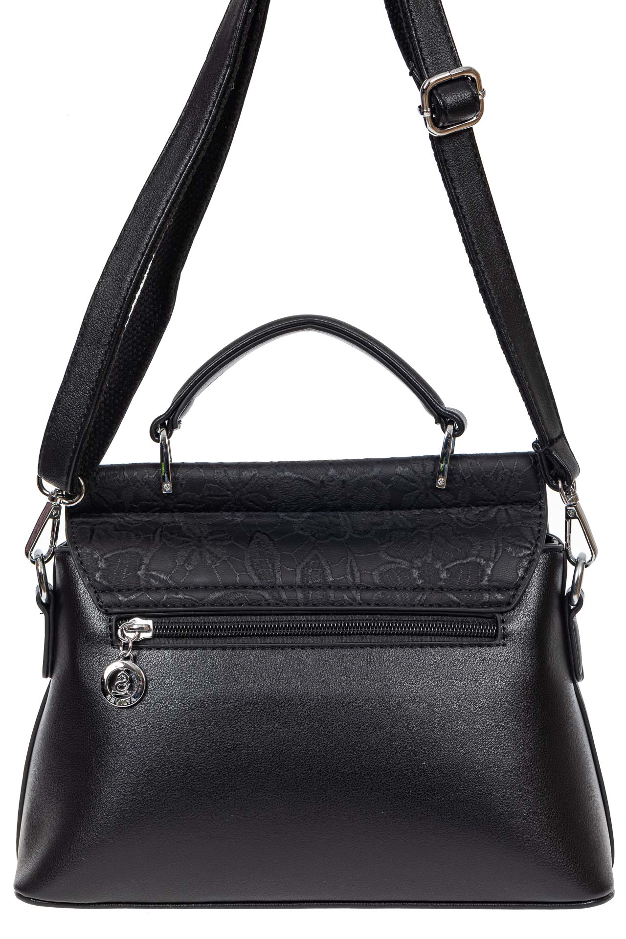 На фото 3 - Женская сумка из экокожи с ажурным цветочным принтом, цвет чёрный