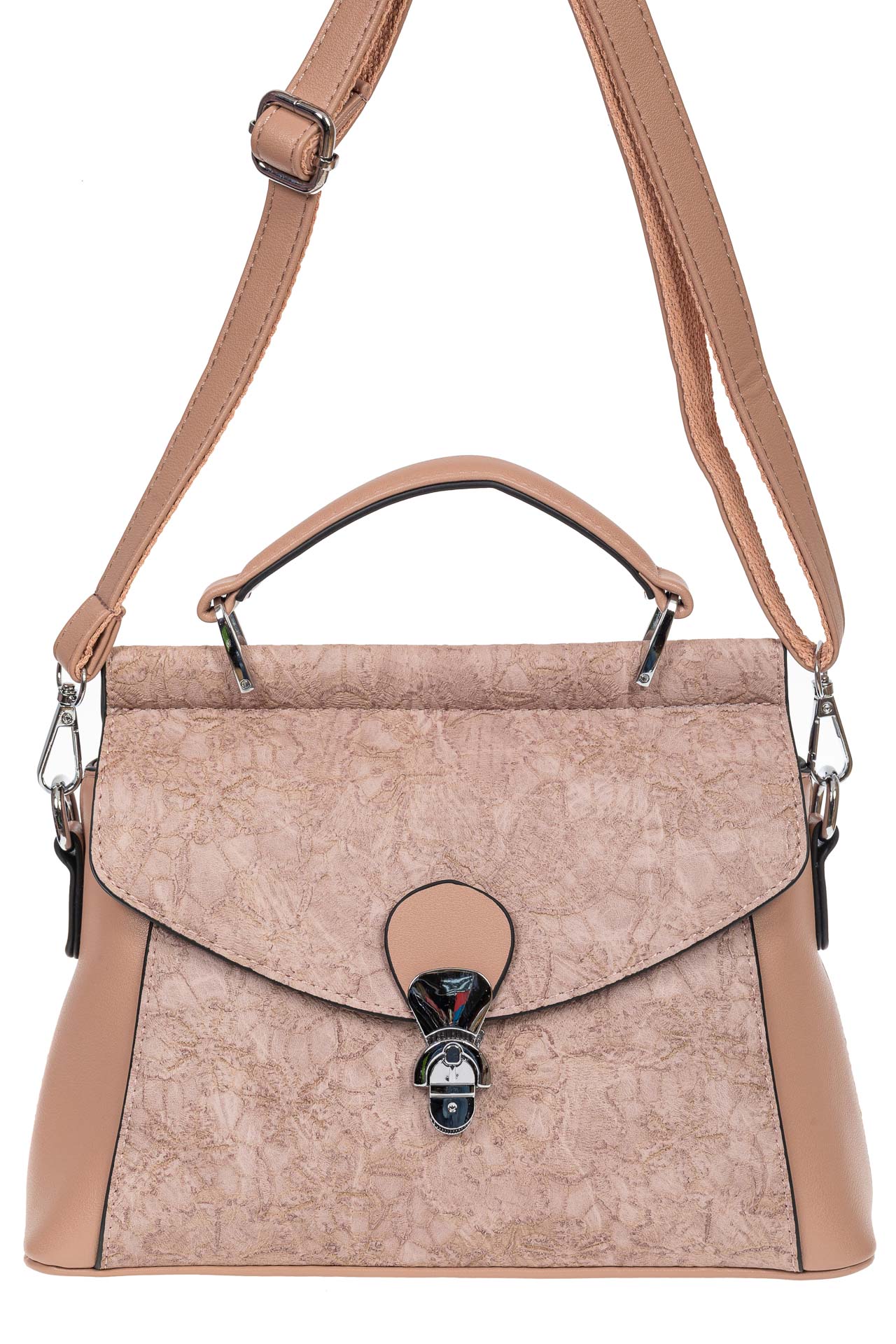 На фото 2 - Женская сумка из экокожи с ажурным цветочным принтом, цвет пудровый