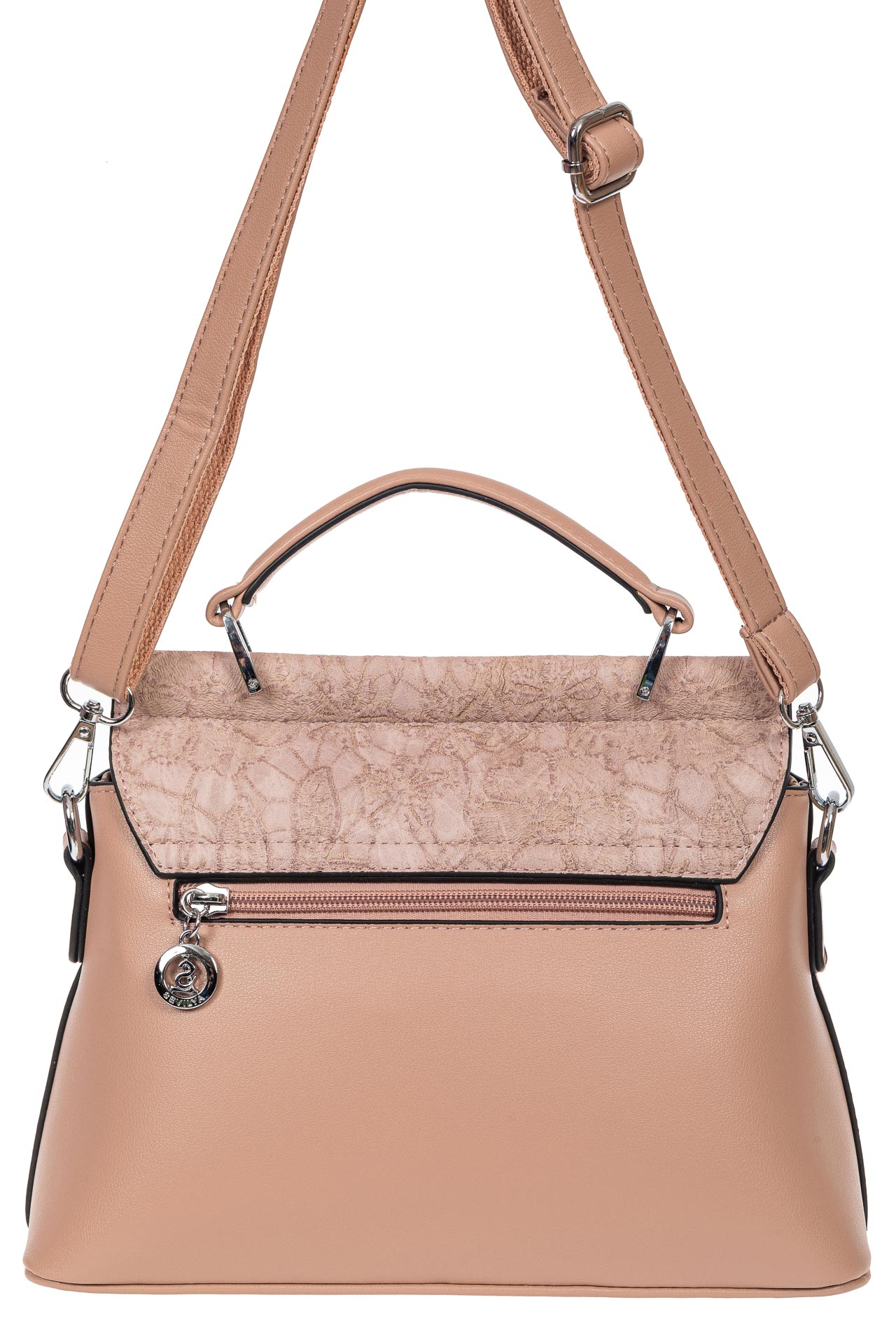На фото 3 - Женская сумка из экокожи с ажурным цветочным принтом, цвет пудровый