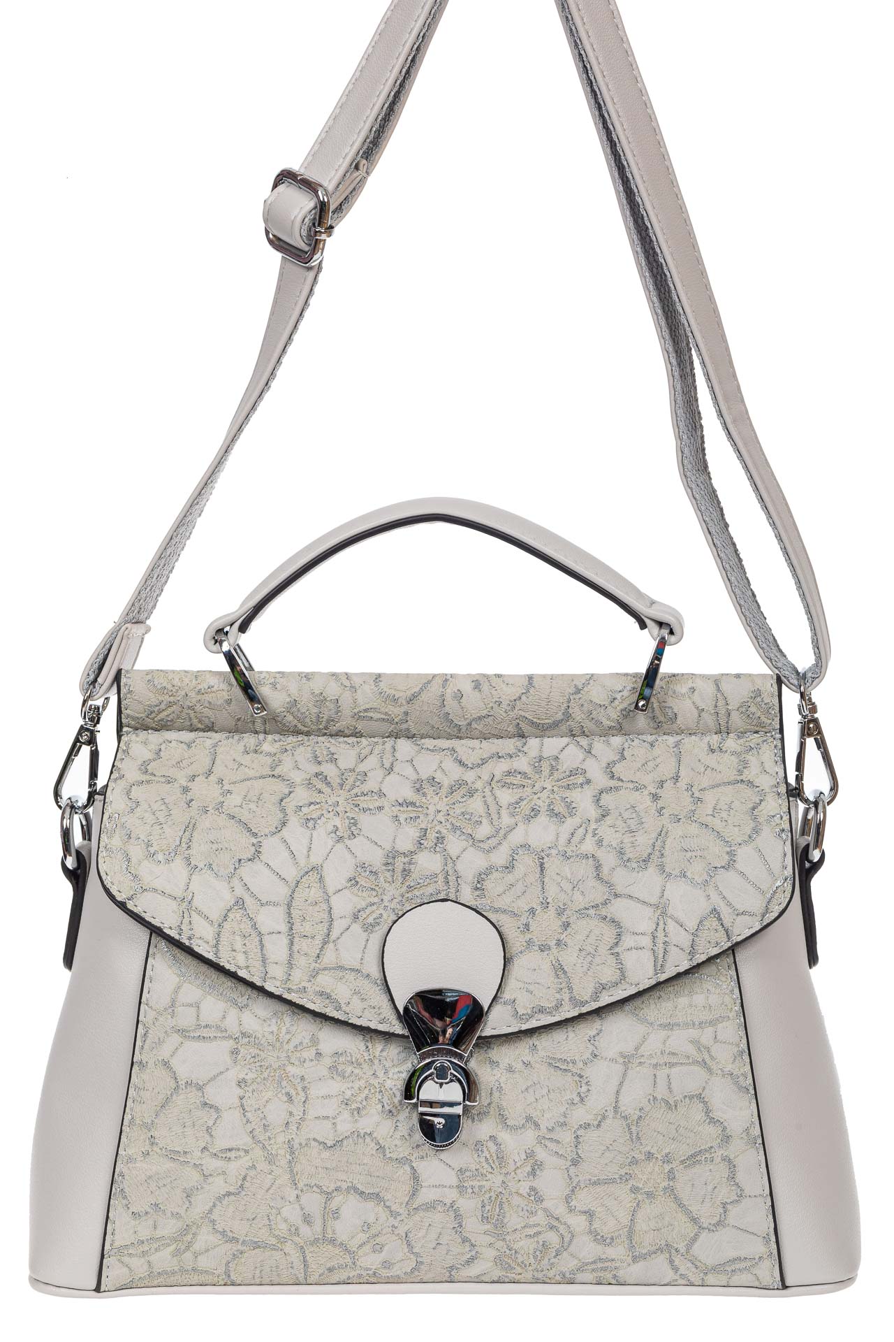 На фото 2 - Женская сумка из экокожи с ажурным цветочным принтом, цвет светло-серый