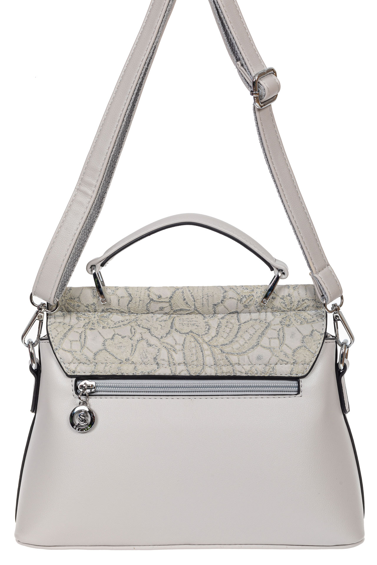 На фото 3 - Женская сумка из экокожи с ажурным цветочным принтом, цвет светло-серый