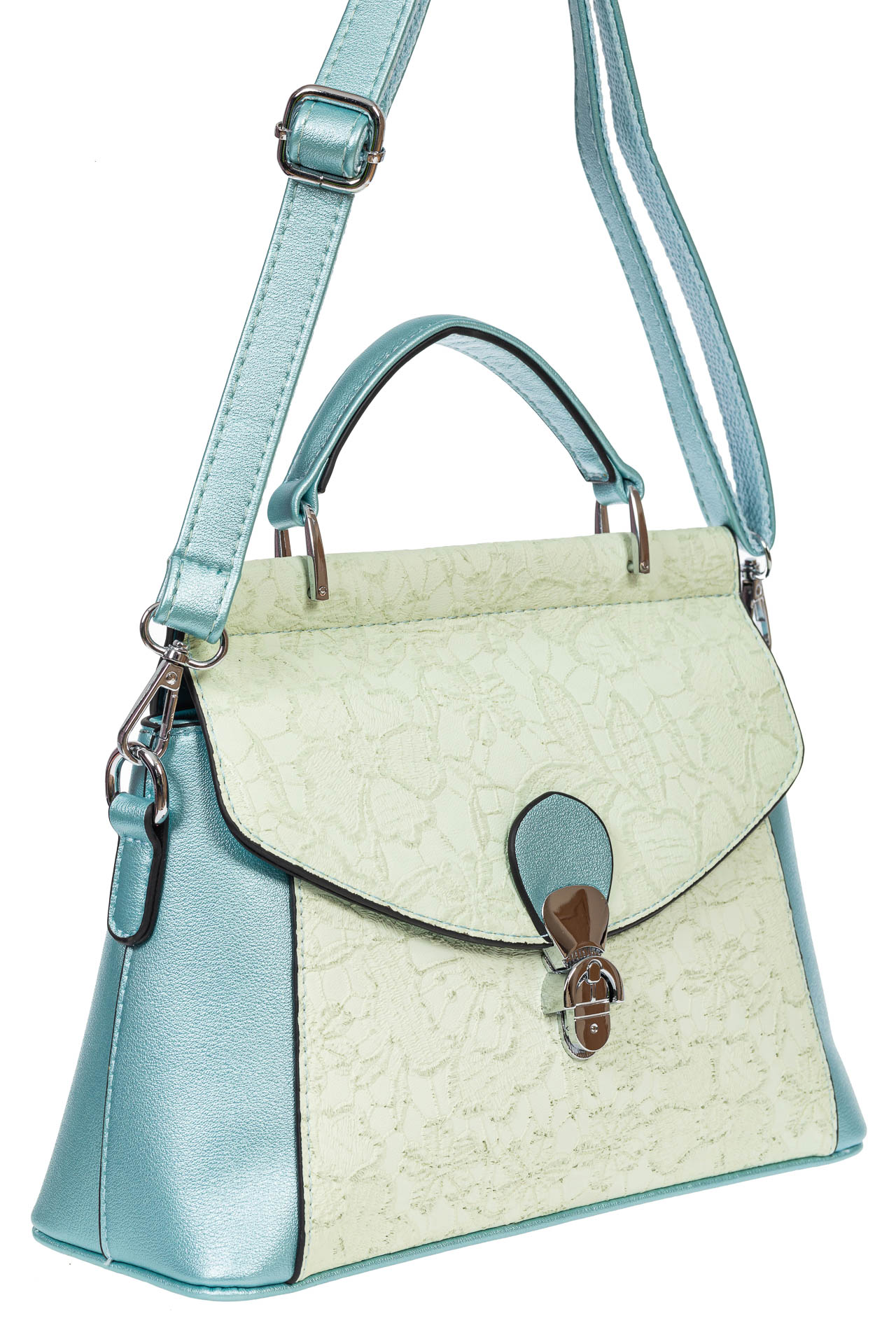 На фото 1 - Женская сумка из экокожи с ажурным цветочным принтом, цвет светло-бирюзовый