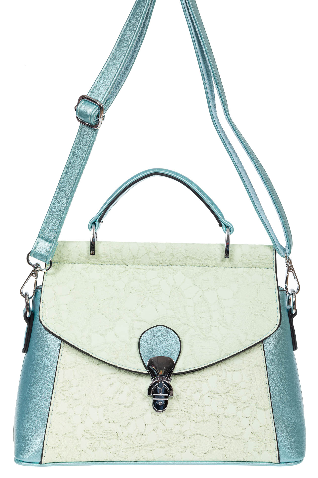 На фото 2 - Женская сумка из экокожи с ажурным цветочным принтом, цвет светло-бирюзовый