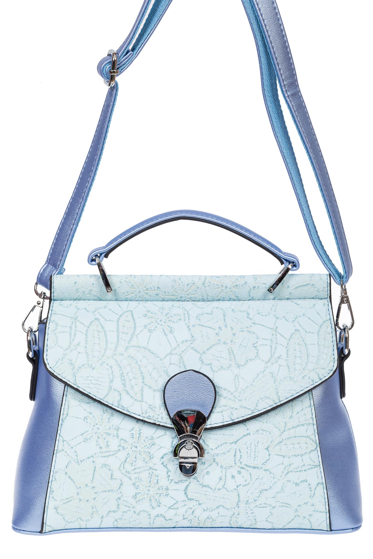 На фото 2 - Женская сумка из экокожи с ажурным цветочным принтом, цвет голубой