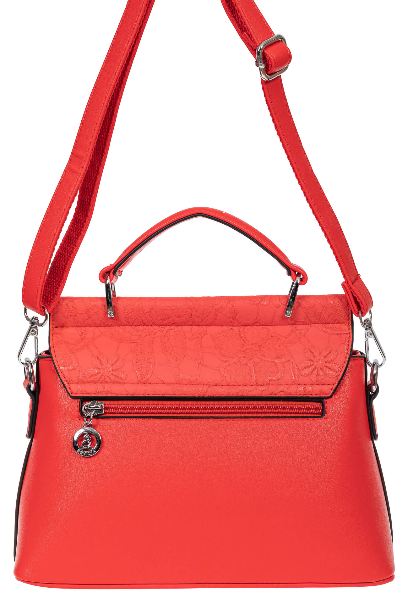 На фото 3 - Женская сумка из экокожи с ажурным цветочным принтом, цвет красный