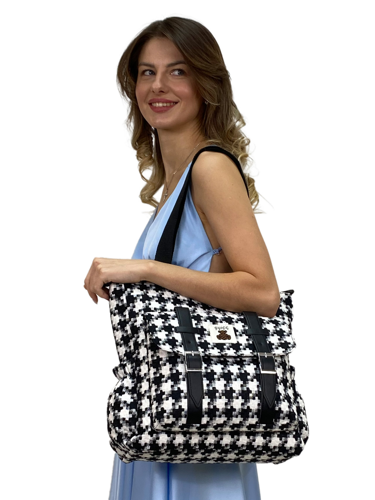 Женская сумка шоппер из текстиля, цвет белый с черным