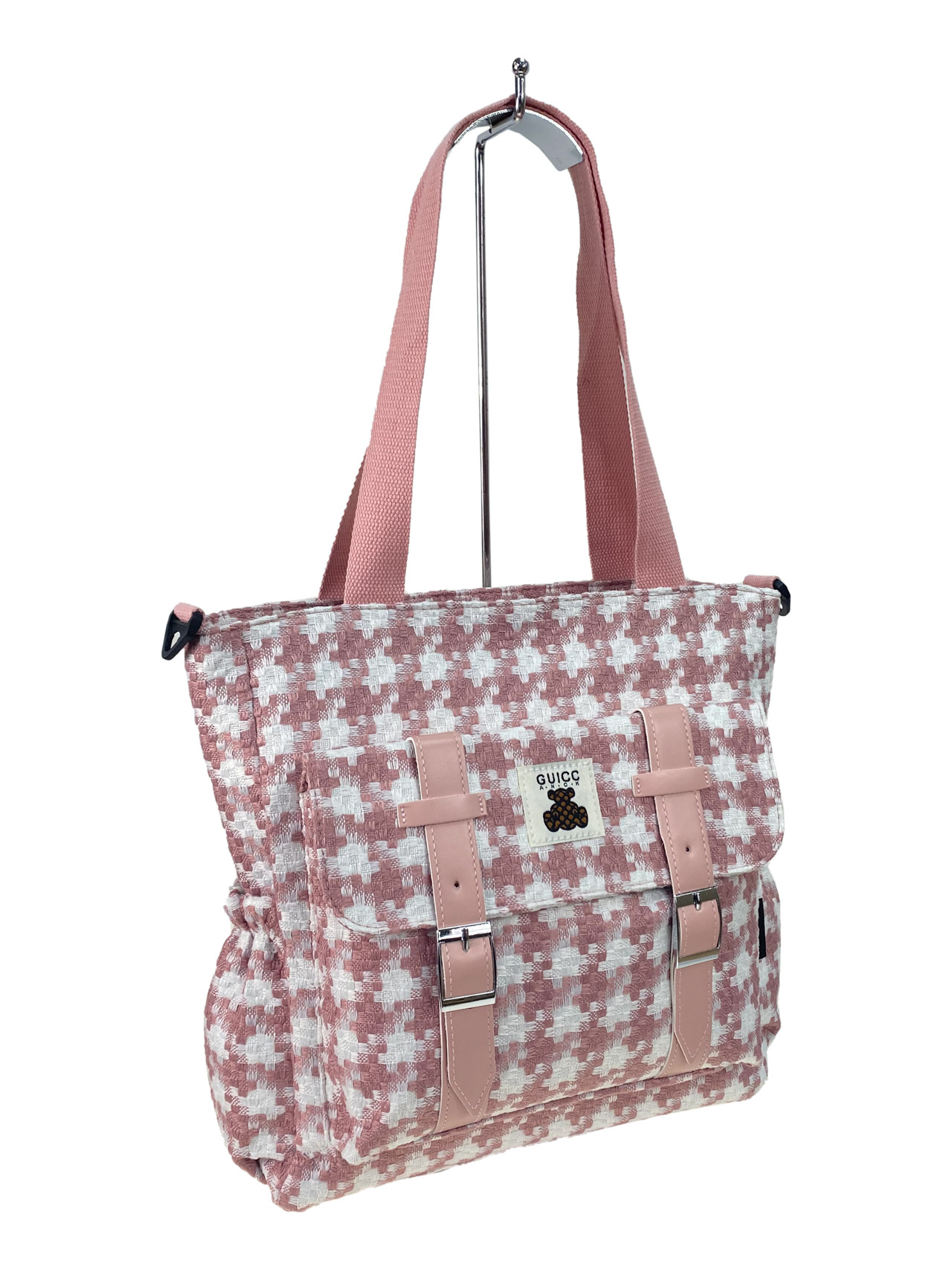 На фото 2 - Женская сумка шоппер из текстиля, цвет  белый с розовым