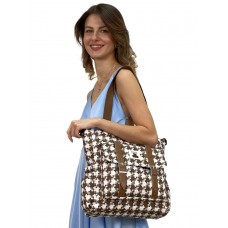 На фото 1 - Женская сумка шоппер из текстиля, цвет  белый с коричневым 