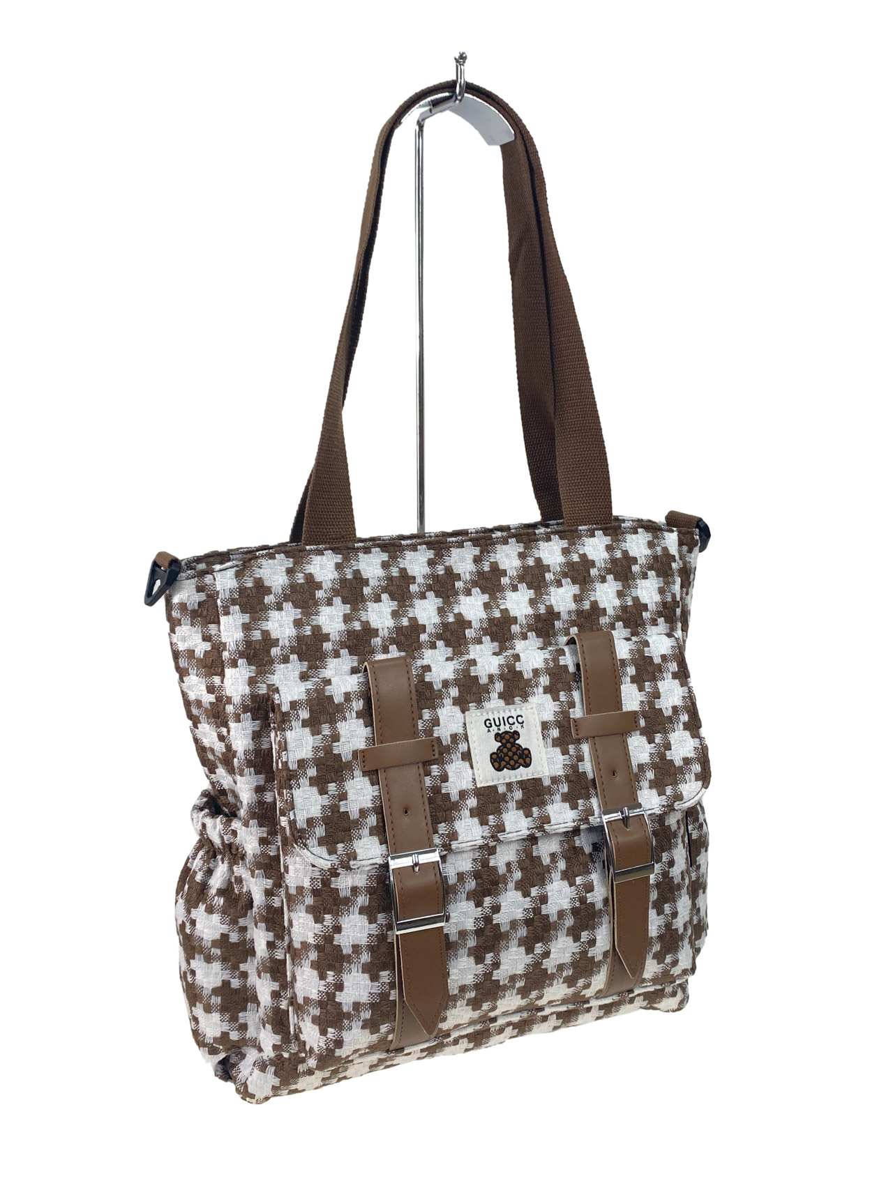 На фото 2 - Женская сумка шоппер из текстиля, цвет  белый с коричневым 