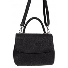 На фото 2 - Небольшая женская сумка из экокожи с ажурным цветочным принтом, чёрная