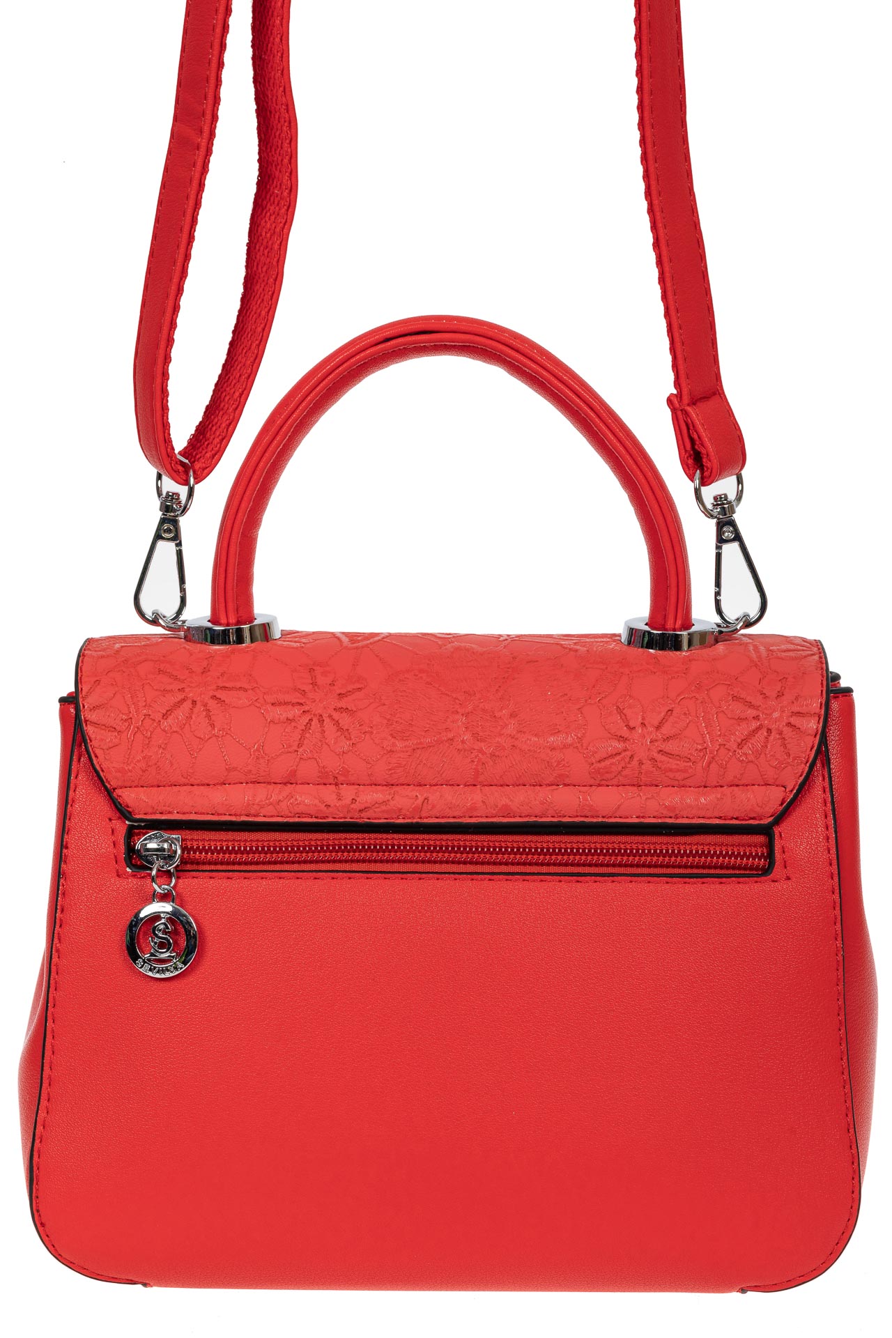 На фото 3 - Небольшая женская сумка из экокожи с ажурным цветочным принтом, красная