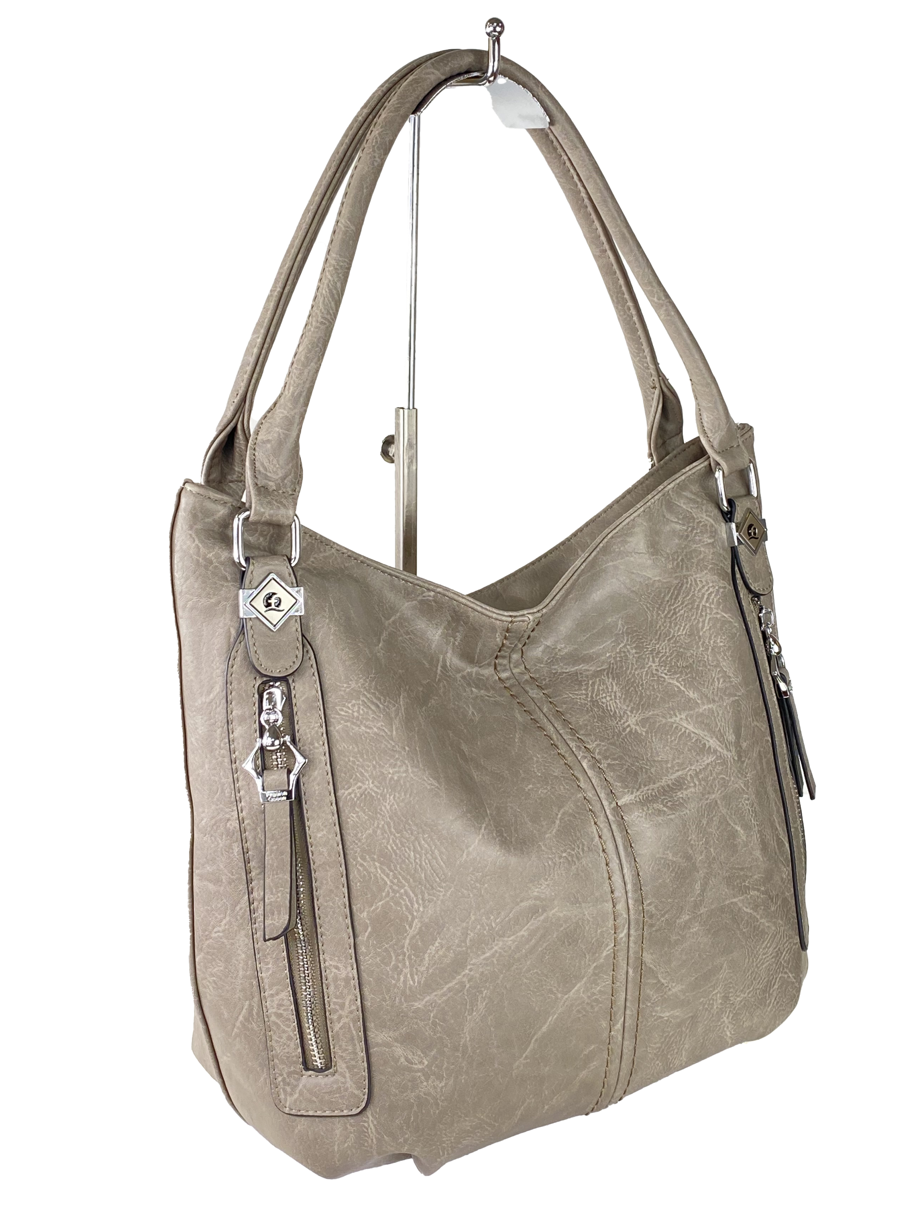 На фото 1 - Женская сумка-мешок из экокожи, цвет серо-бежевый