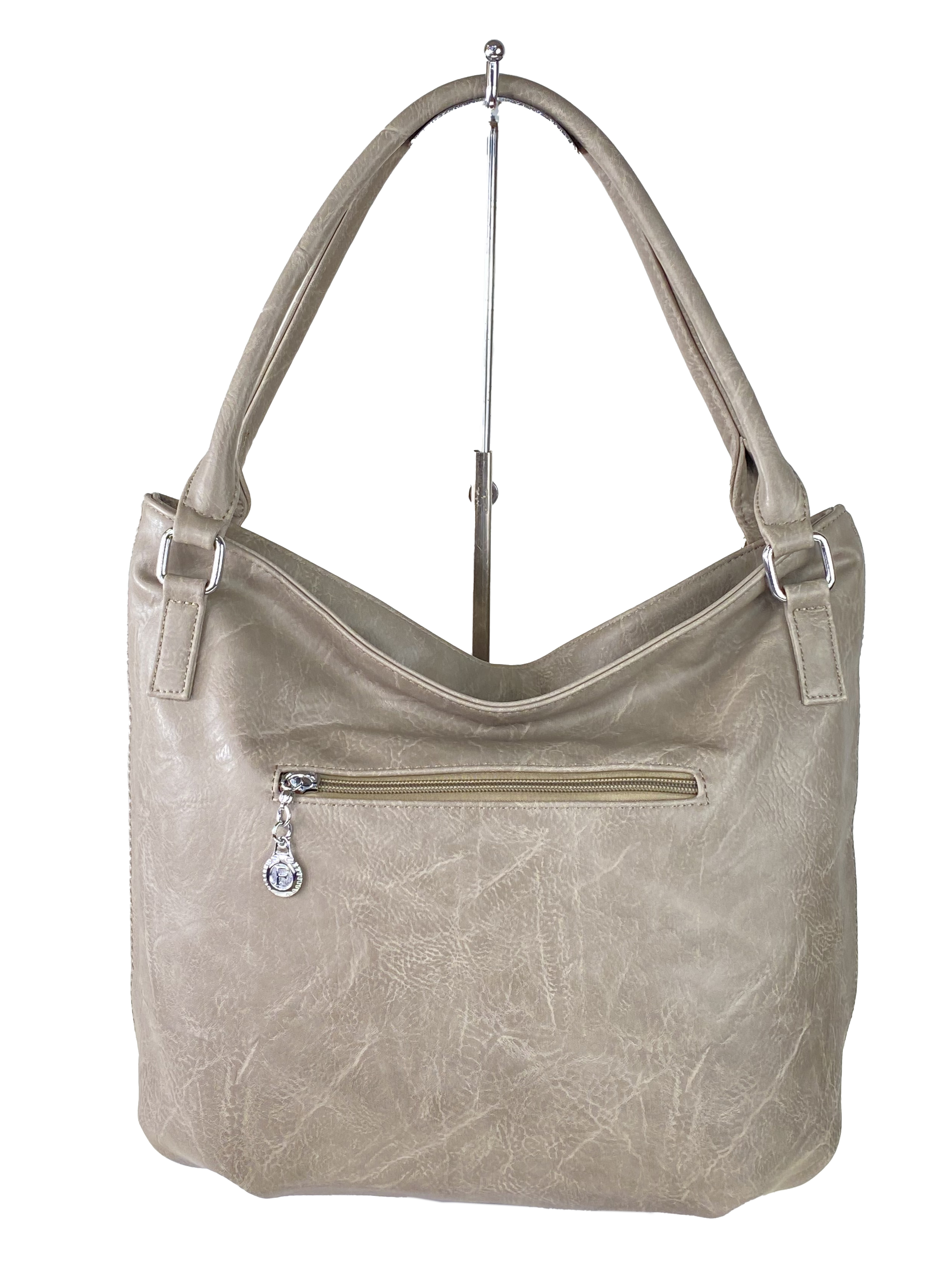 На фото 3 - Женская сумка-мешок из экокожи, цвет серо-бежевый