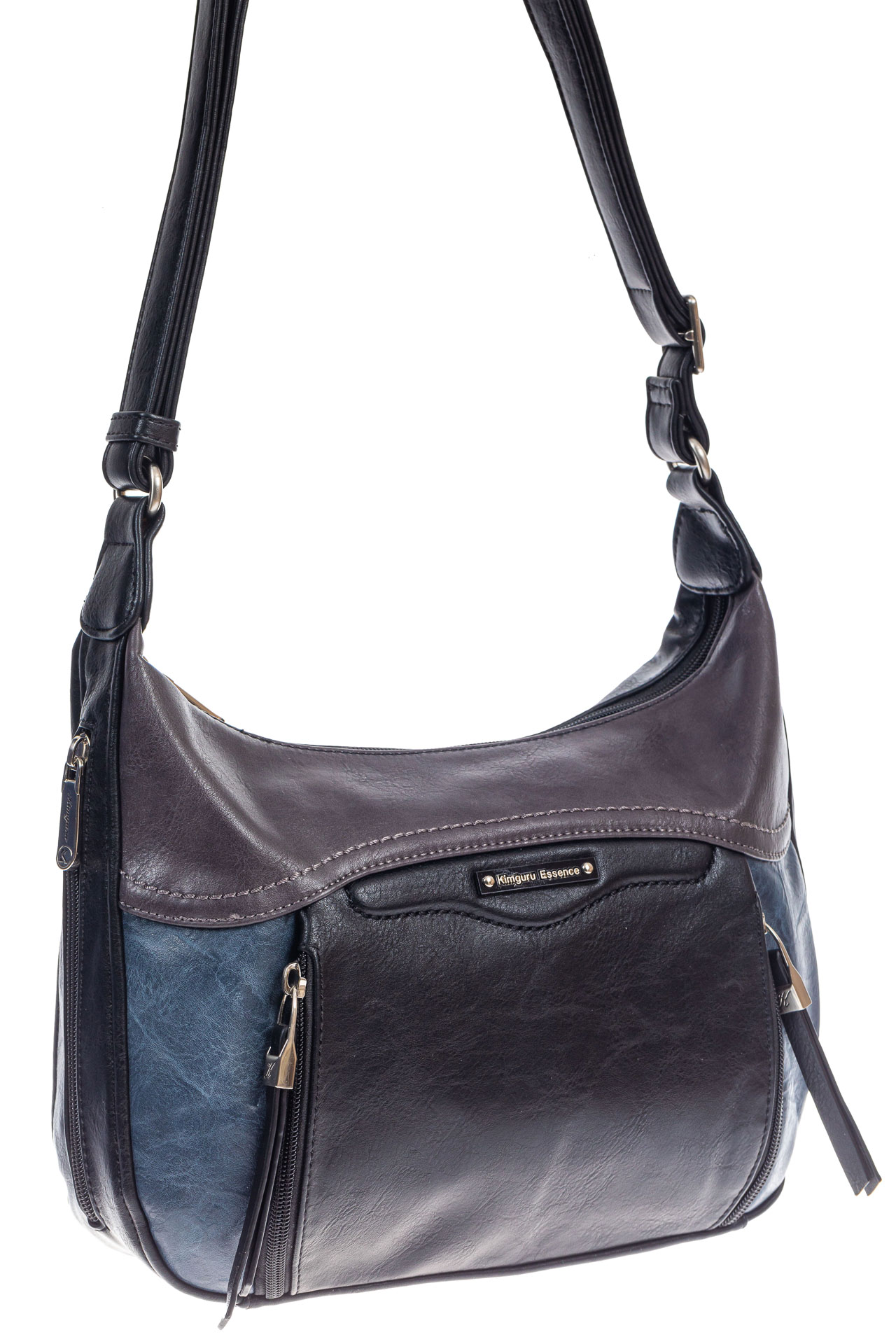 На фото 3 - Женская классическая сумка из искусственной кожи, цвет черный с синим