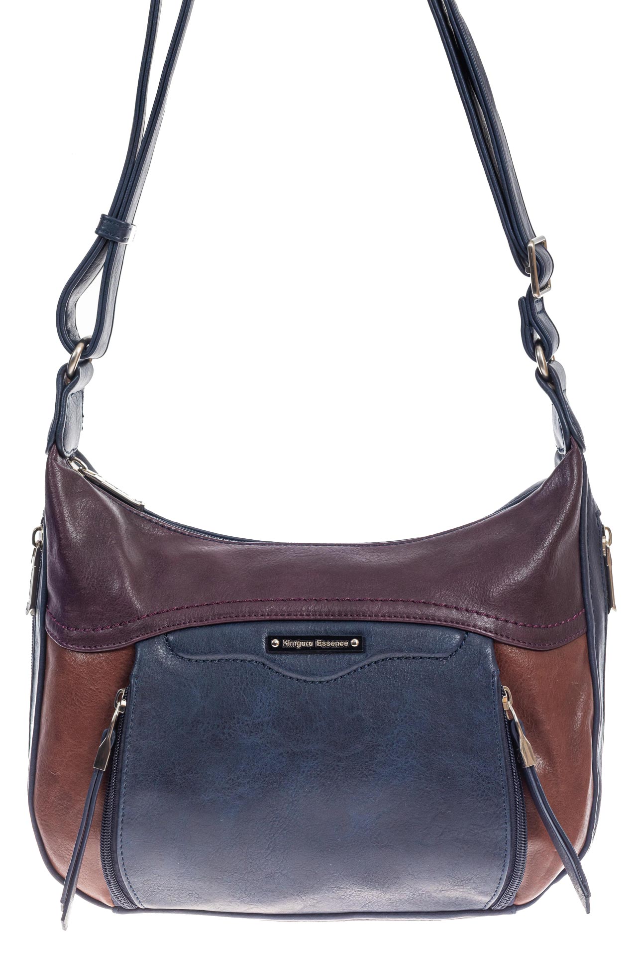 На фото 2 - Женская классическая сумка из искусственной кожи, цвет синий с бордовым и коричневым