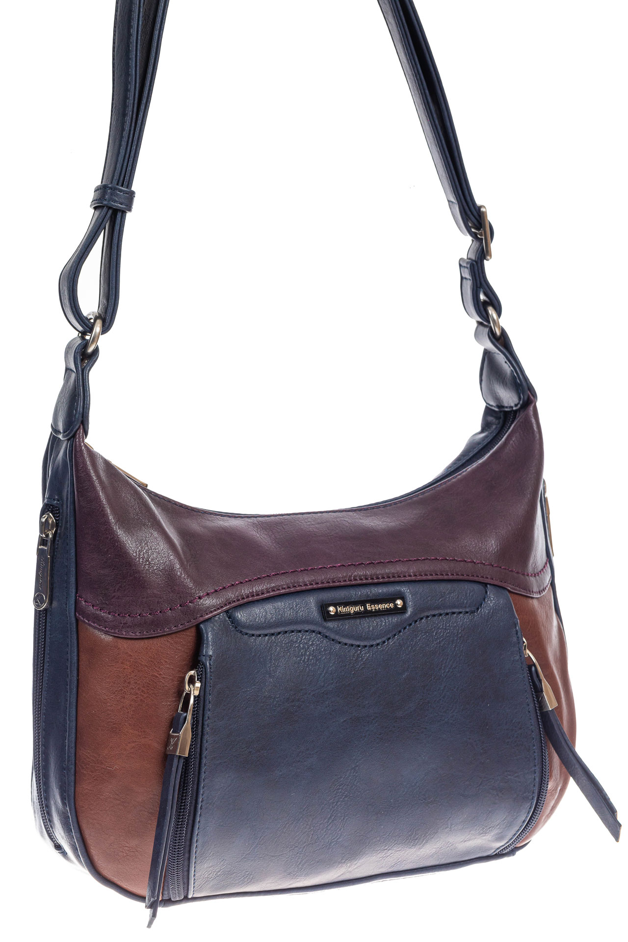 На фото 3 - Женская классическая сумка из искусственной кожи, цвет синий с бордовым и коричневым