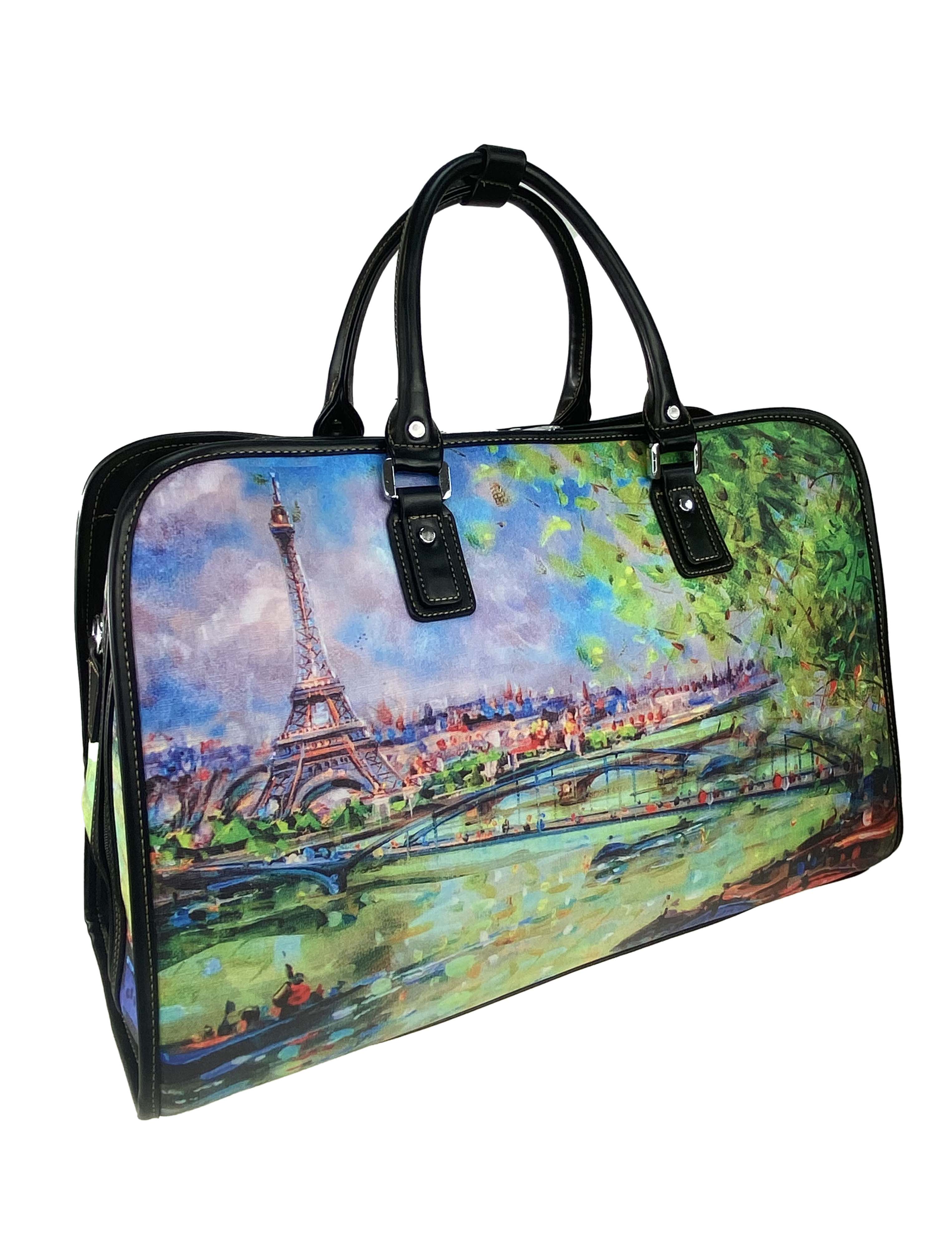 На фото 1 - Дорожная женская сумка из экокожи с принтом, разноцветная