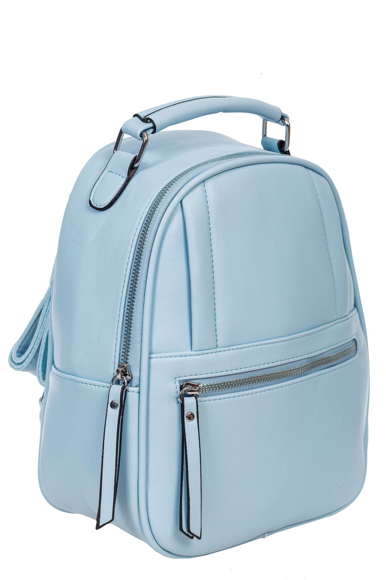 На фото 1 - Женский рюкзак из гладкой искусственной кожи, цвет голубой