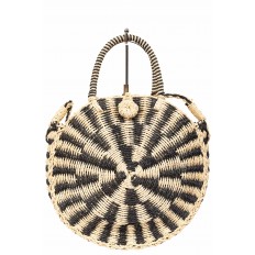 На фото 2 - Круглая плетеная сумка из соломы, цвет бежевый с черным