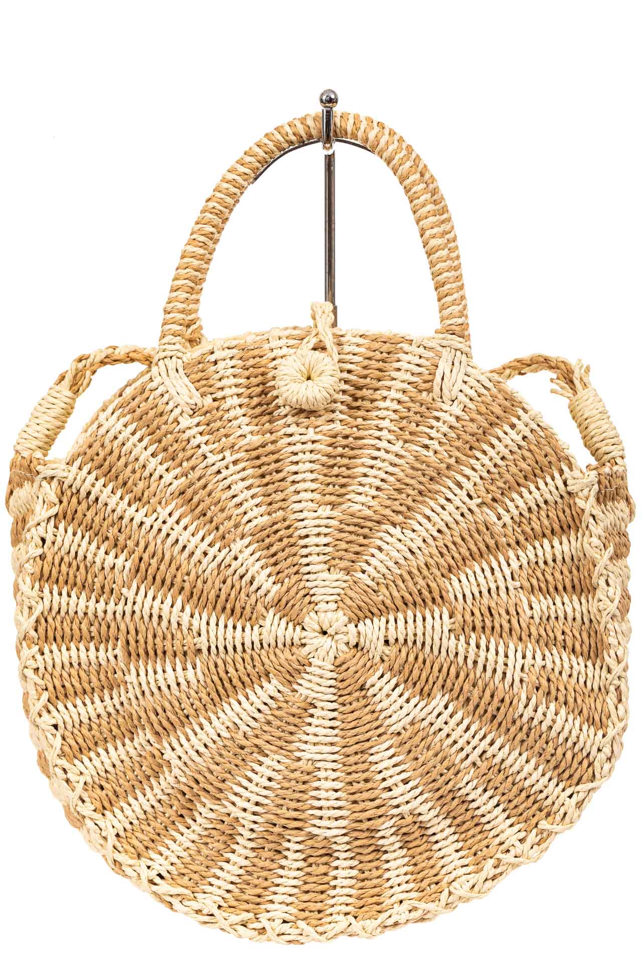 На фото 2 - Круглая плетеная сумка из соломы, цвет бежевый с кремовым