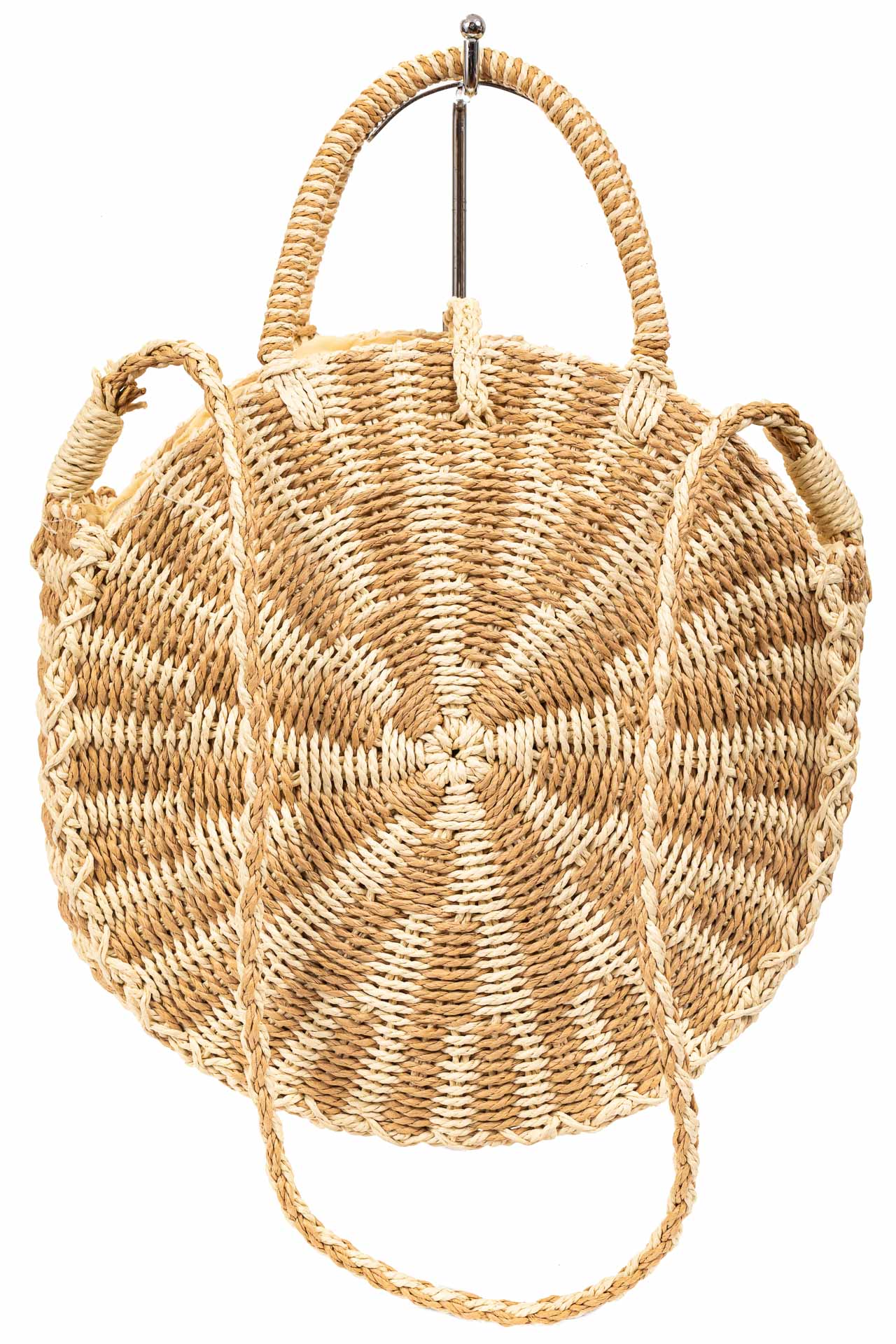 На фото 3 - Круглая плетеная сумка из соломы, цвет бежевый с кремовым