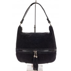 На фото 2 - Женская комбинированная сумка хобо с подвесками-кисточками, цвет чёрный