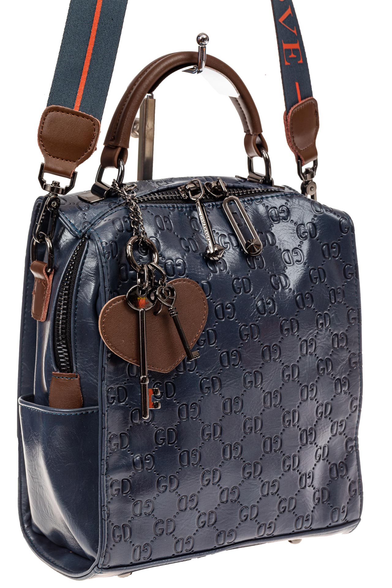 На фото 1 - Сумка женская рюкзак из искусственной кожи с тиснением, цвет синий