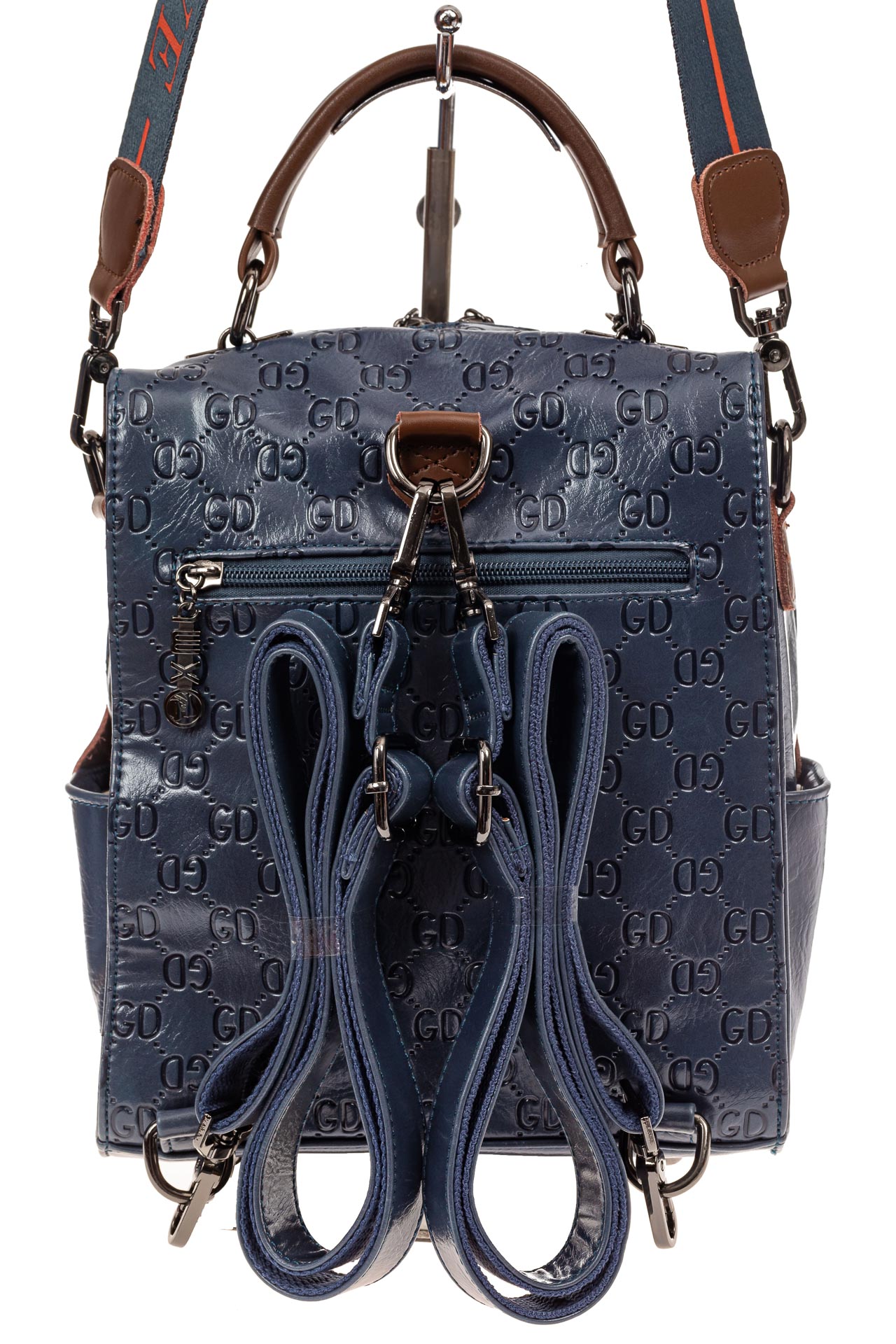 На фото 3 - Сумка женская рюкзак из искусственной кожи с тиснением, цвет синий