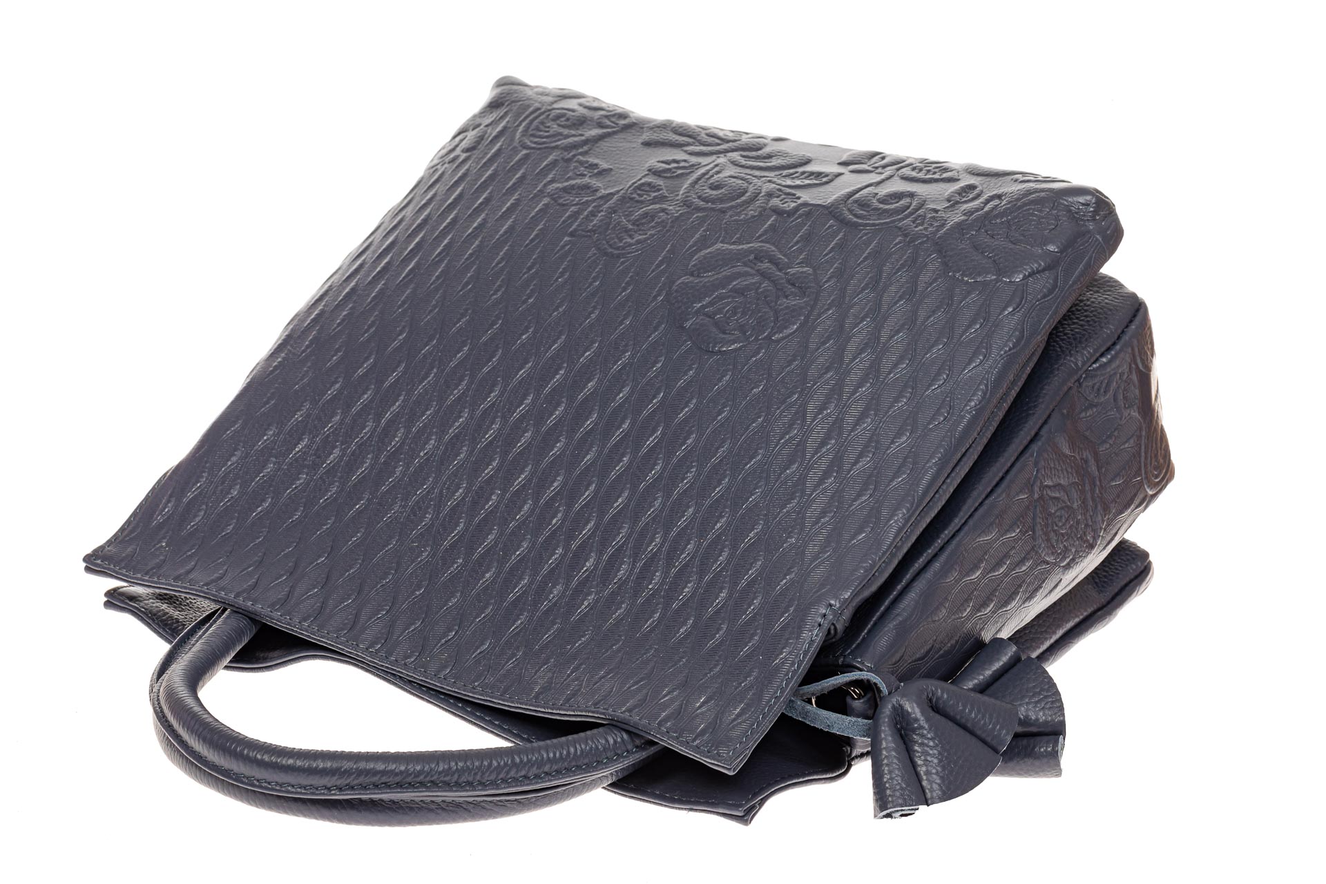На фото 3 - Женская сумка из натуральной кожи с тиснением, цвет сине-серый