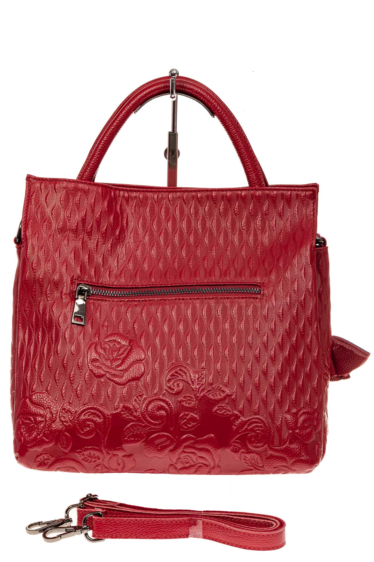 На фото 2 - Женская сумка из натуральной кожи с тиснением, цвет красный