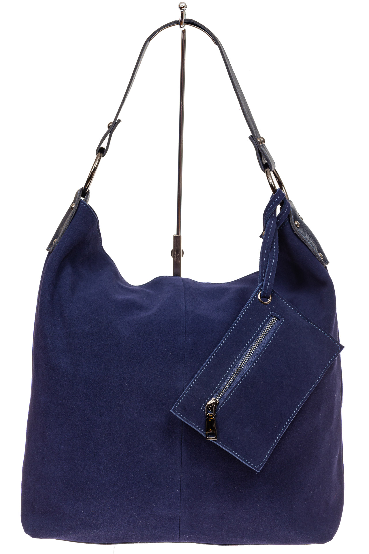 На фото 2 - Большая сумка хобо из натуральной замши, цвет синий