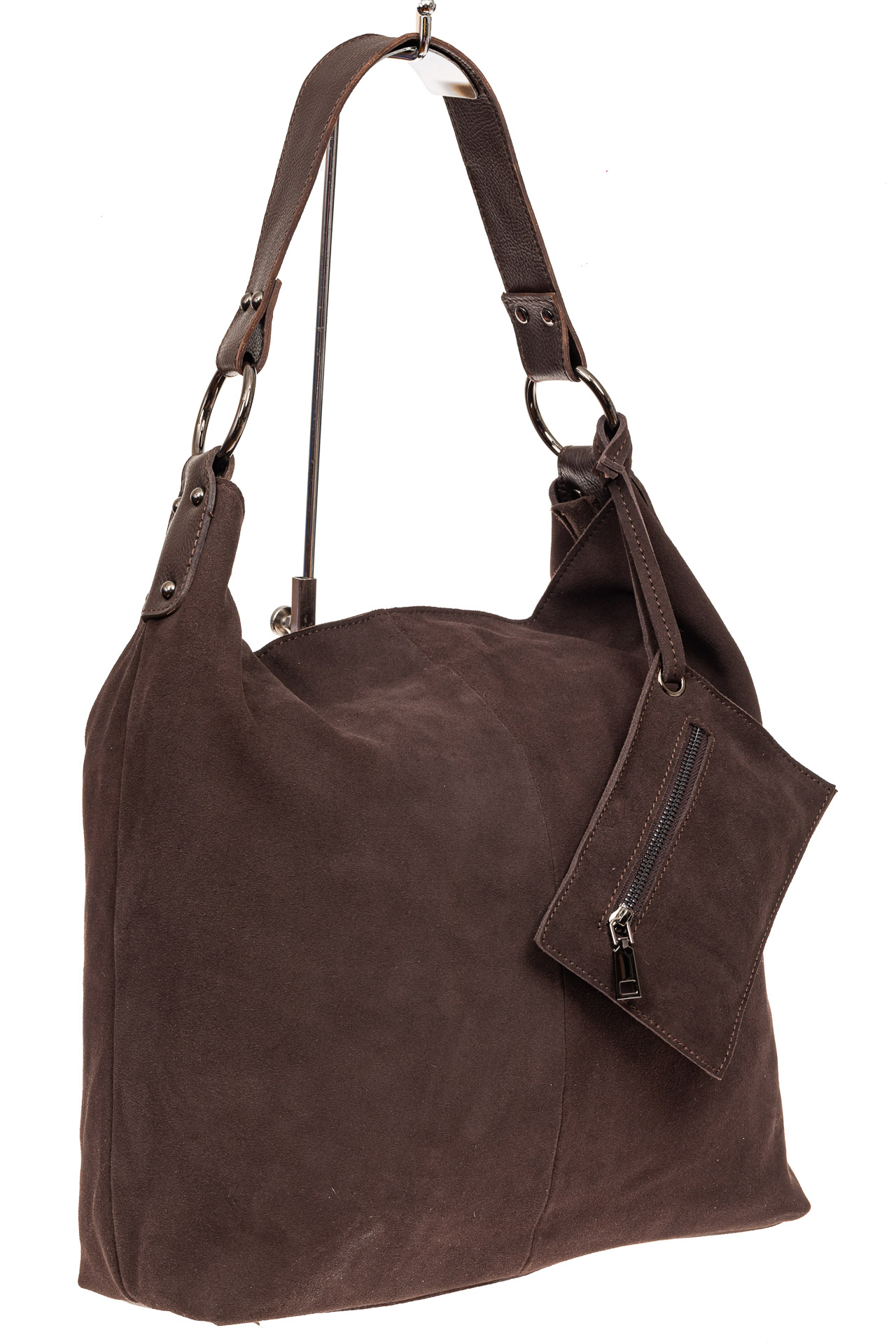 На фото 1 - Большая сумка хобо из натуральной замши, цвет коричневый 111
