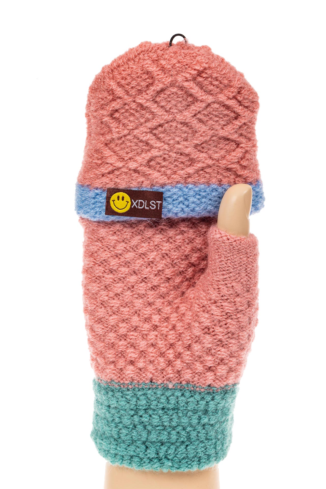 На фото 1 - Перчатки без пальцев женские, митенки вязаные, цвет розовый с бирюзой