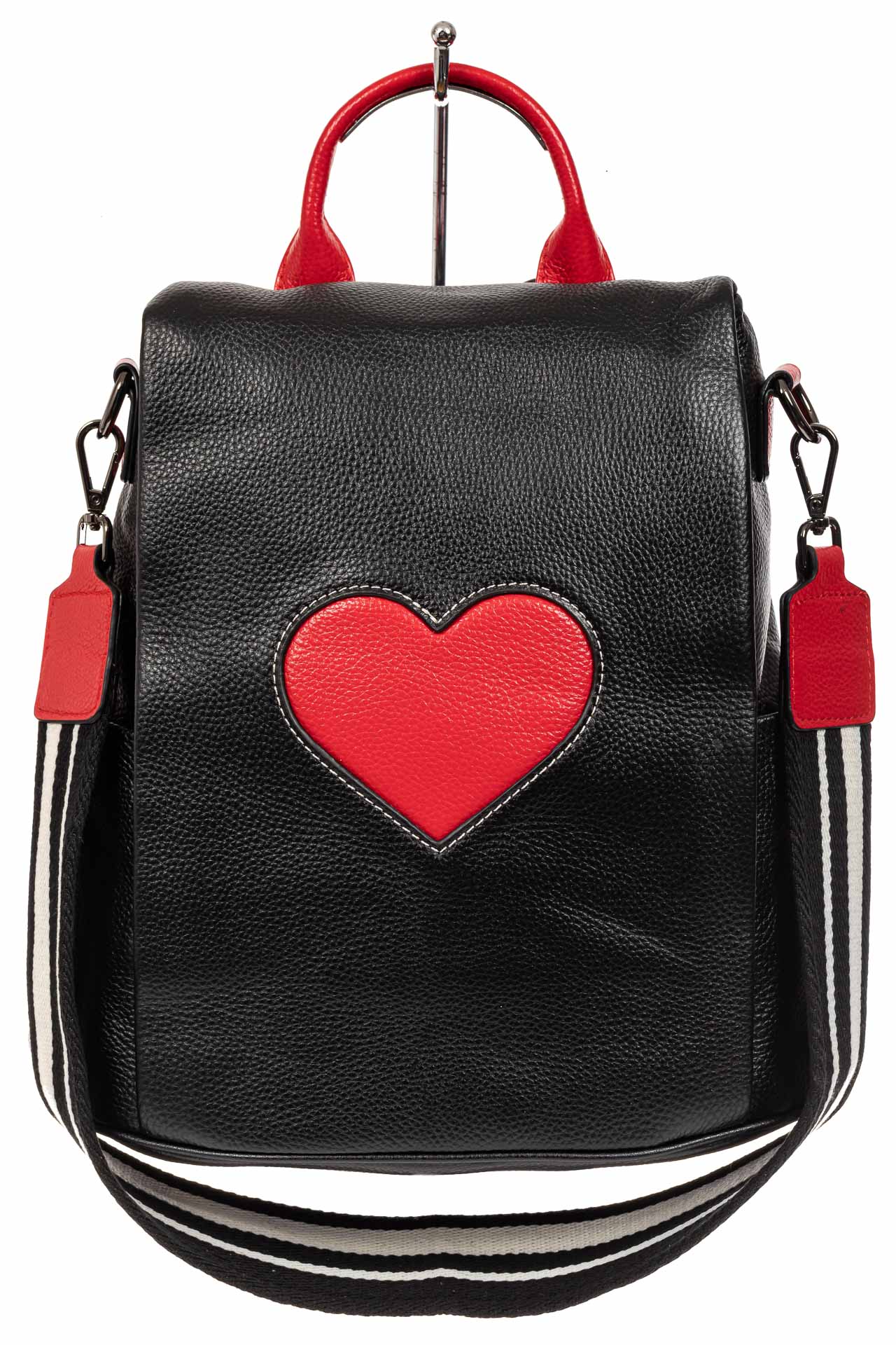 На фото 2 - Кожаный женский рюкзак трансформер на плечо, черный с красным 