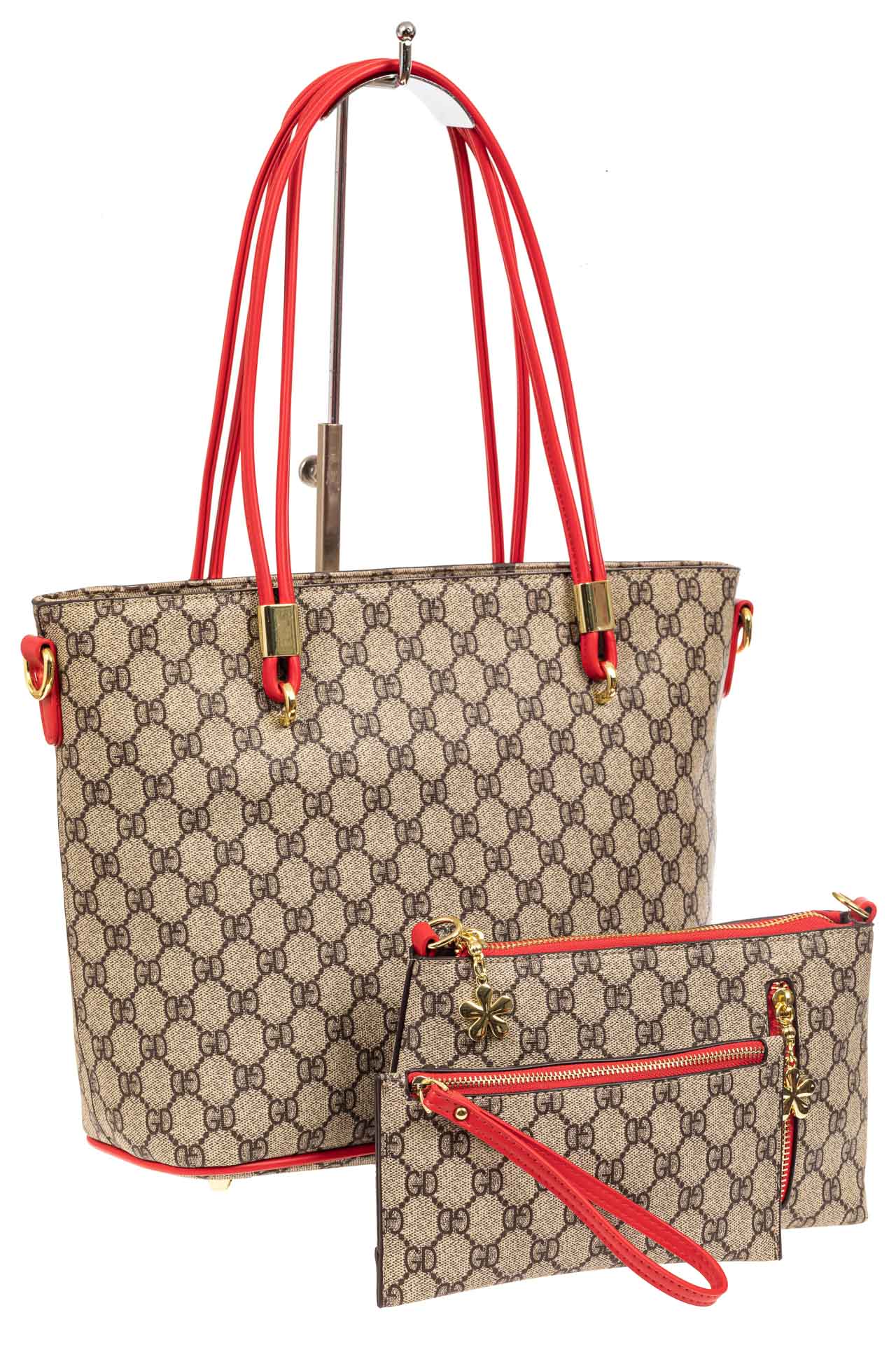 На фото 1 - Женская сумка шоппер и набор косметичек из искусственной кожи, цвет бежевый