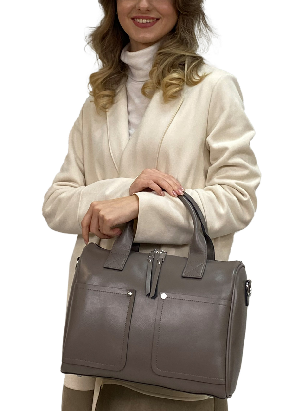 На фото 1 - Женская сумка из натуральной кожи, цвет серый