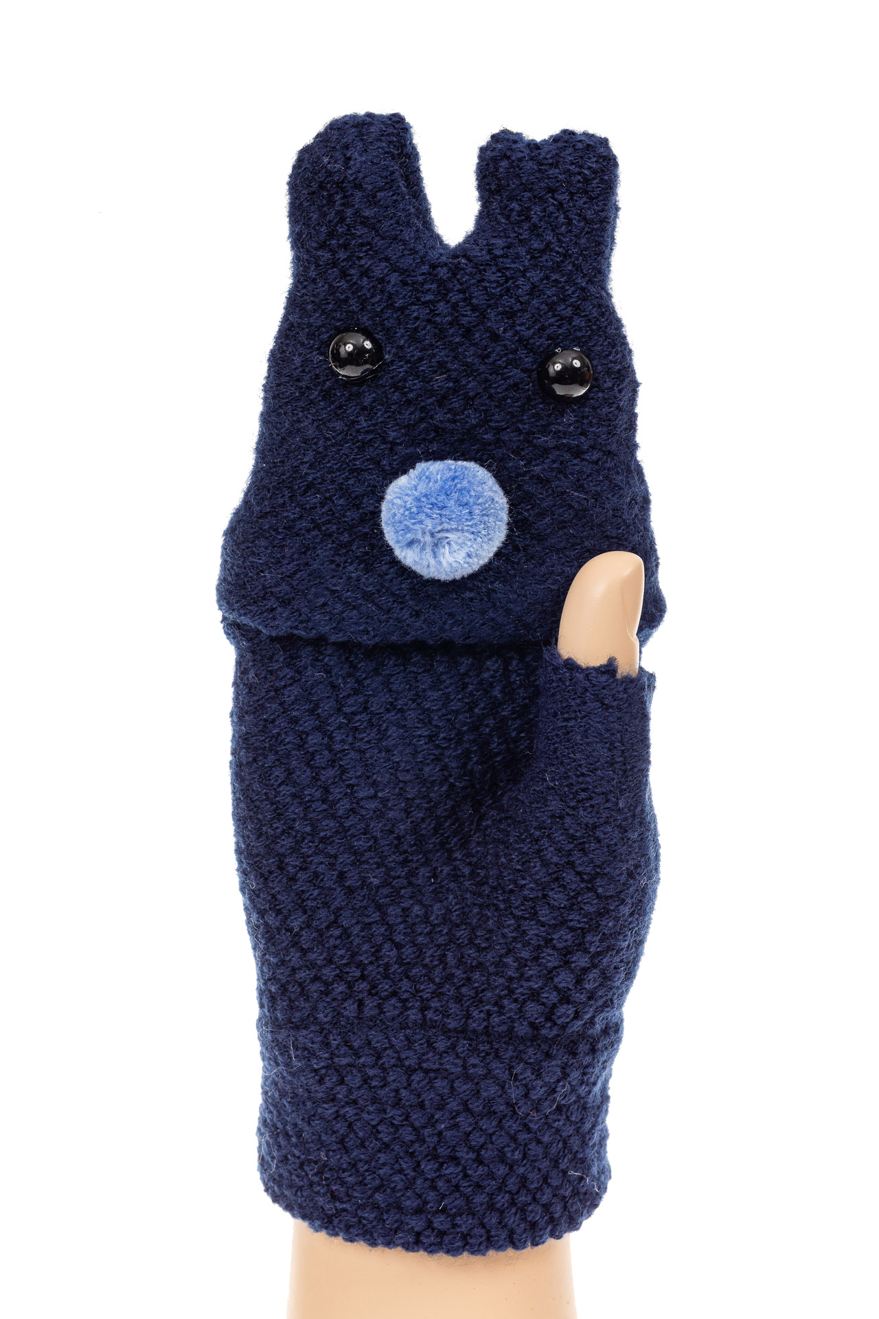 На фото 1 - Перчатки без пальцев женские, митенки вязаные, цвет синий