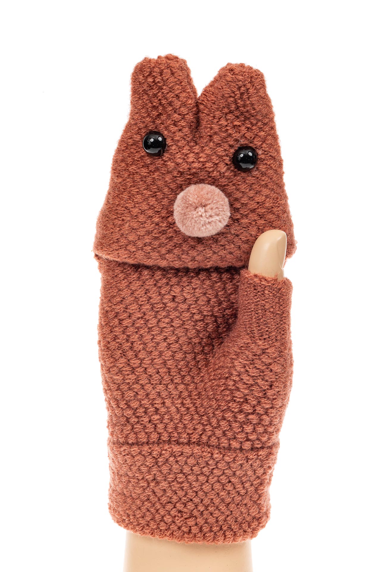 На фото 1 - Перчатки без пальцев женские, митенки вязаные, цвет коричневый