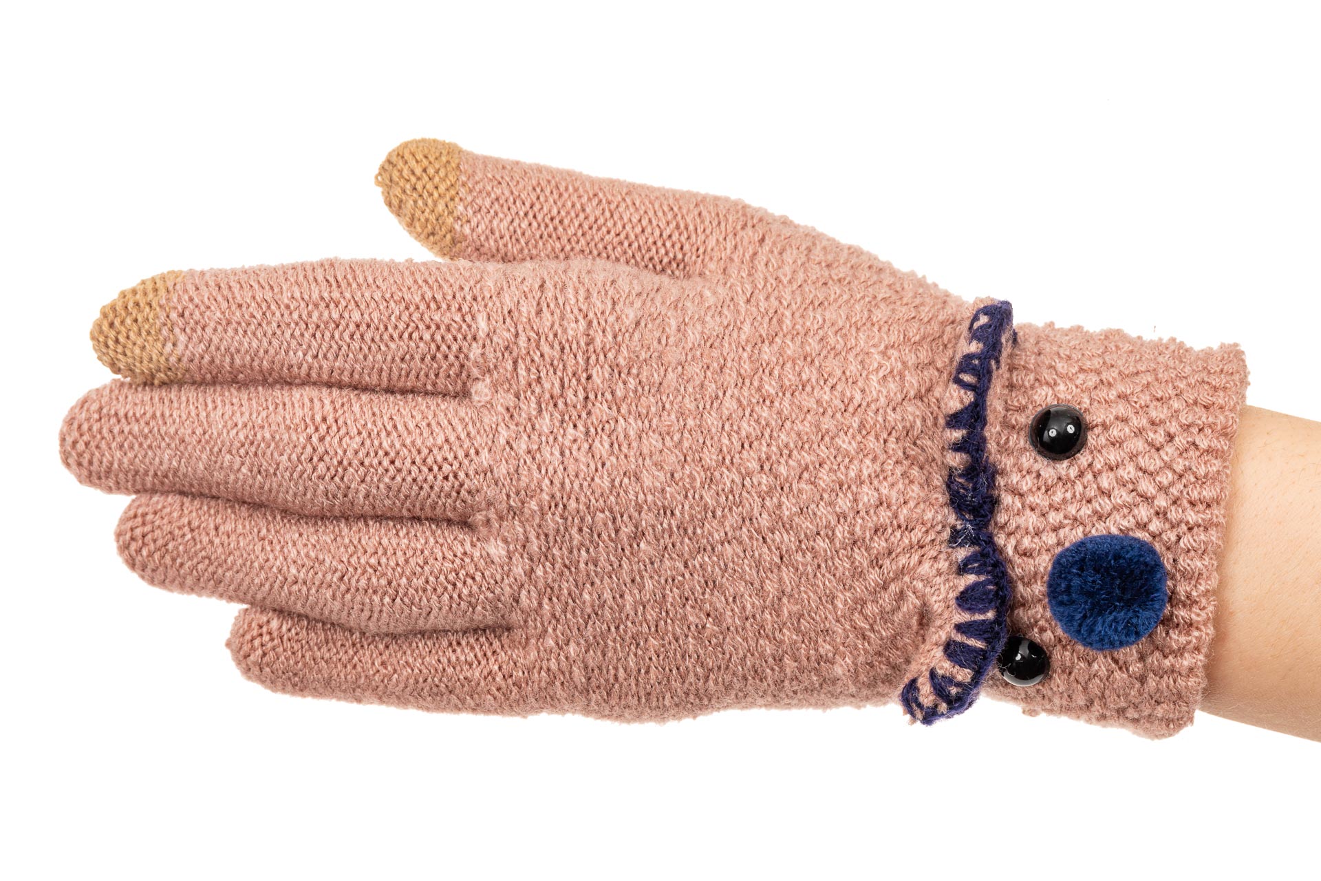 На фото 1 - Забавные вязаные перчатки женские с Touch Screen, цвет пудра