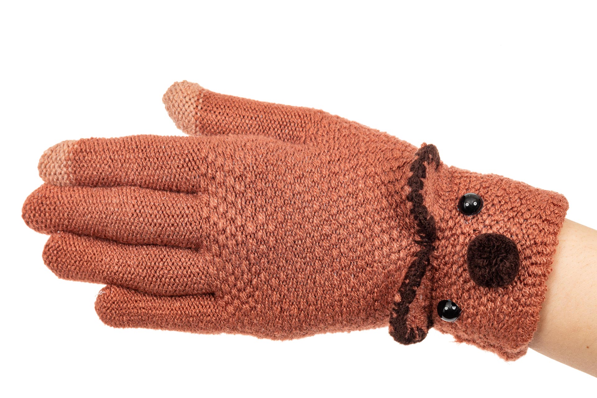 На фото 1 - Забавные вязаные перчатки женские с Touch Screen, цвет коричневый