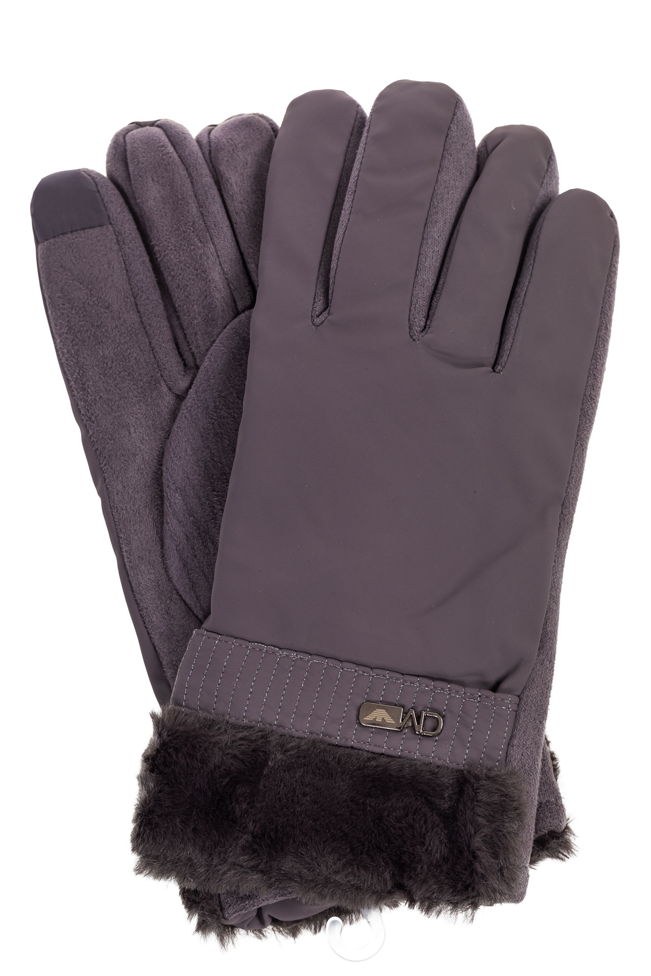 На фото 1 - Утепленные перчатки мужские с меховой манжетой и декором, цвет серый