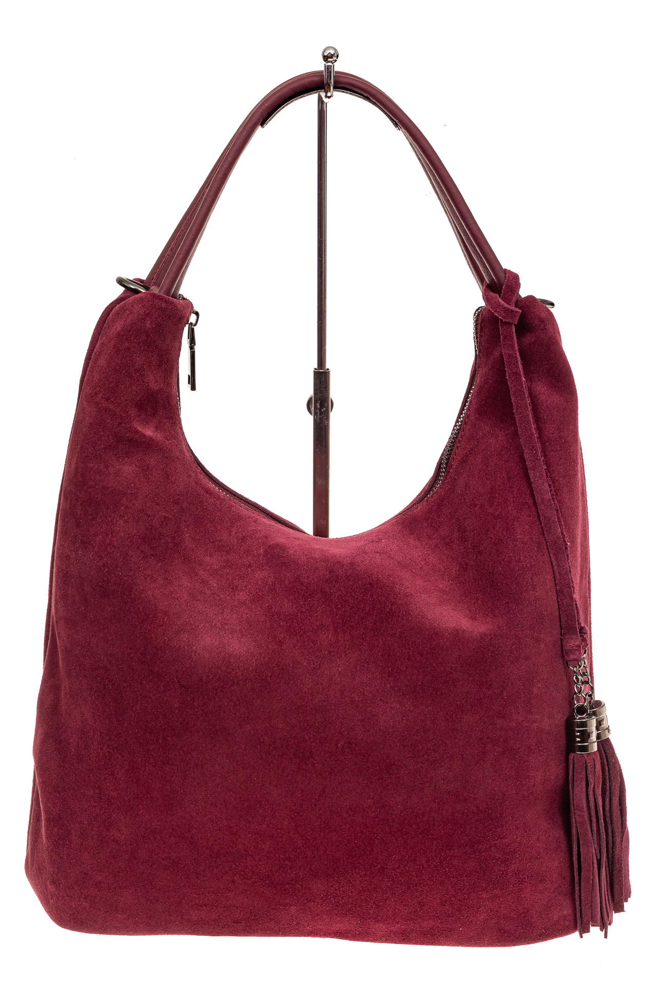 На фото 2 - Классическая сумка хобо из замши, цвет бордовый