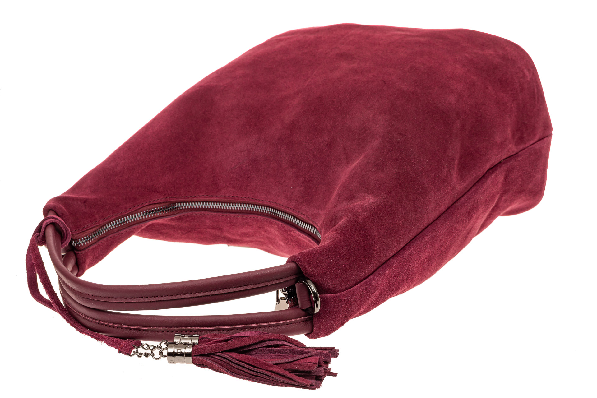 На фото 4 - Классическая сумка хобо из замши, цвет бордовый