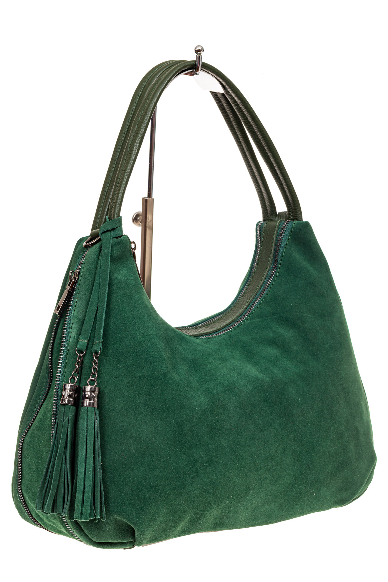 На фото 1 - Большая замшевая сумка хобо, цвет зеленый