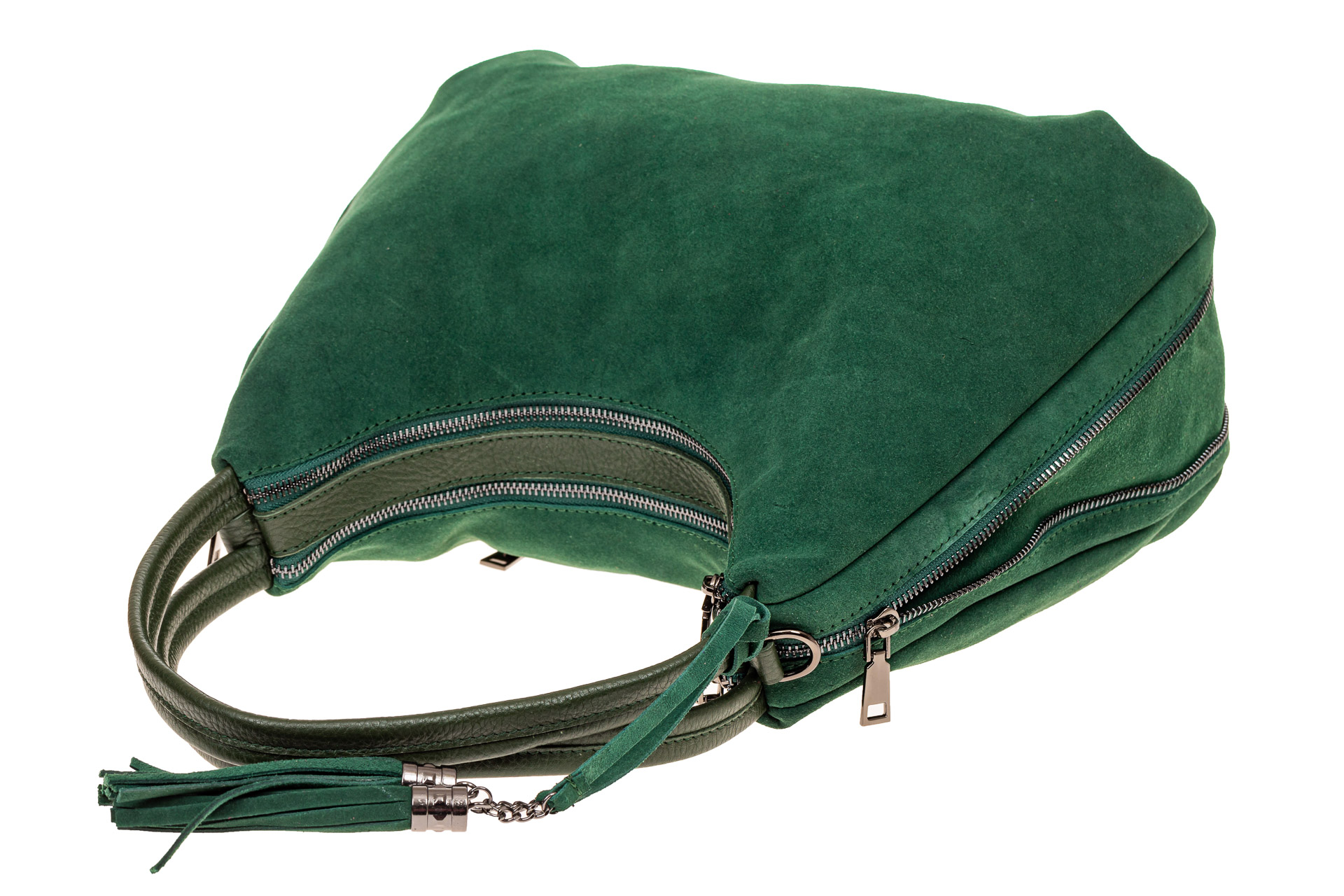 На фото 4 - Большая замшевая сумка хобо, цвет зеленый