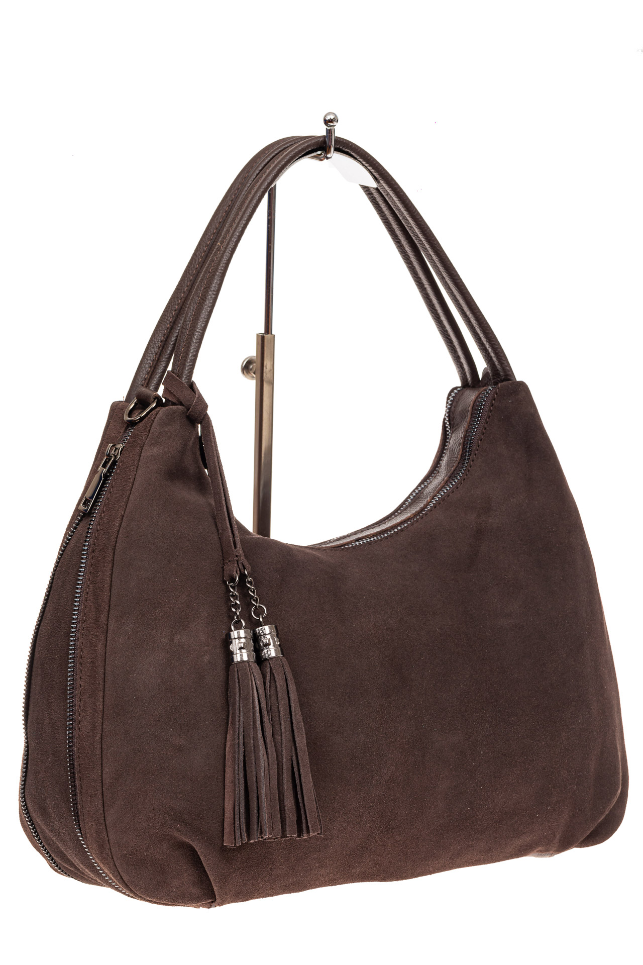 На фото 1 - Большая замшевая сумка хобо, цвет коричневый